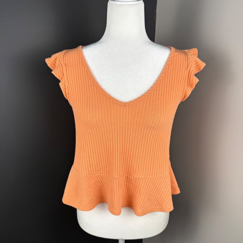 Sadie Sage Ribbed Flutter‎ Sleeve Peplum Top Orange XS